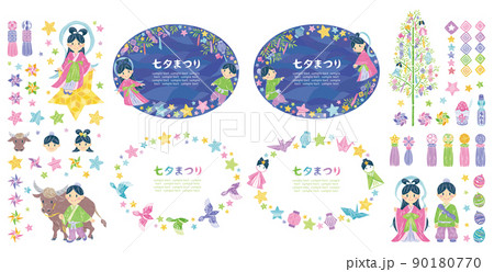 7月　七夕まつり　織姫と彦星　イラスト素材　横長丸フレームセット 90180770