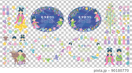 7月　七夕まつり　織姫と彦星　イラスト素材　横長丸フレームセット 90180770