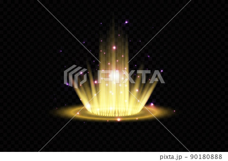 Magic fantasy portal. Futuristic teleport. Light effect. Blue candles rays of a night scene with sparks on a transparent background. Empty light effect of the podium. Disco club dancefloor. 90180888
