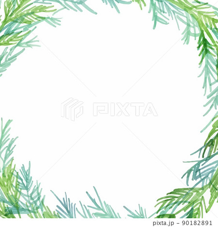 水彩画。緑の葉っぱのベクターリースフレーム。水彩タッチのナチュラル植物フレーム。 水彩画。緑の葉っぱのベクターリースフレーム。水彩タッチのナチュラル植物フレーム。 90182891