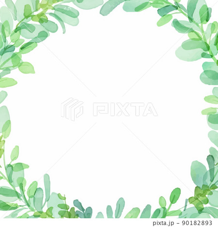 水彩画。緑の葉っぱのベクターリースフレーム。水彩タッチのナチュラル植物フレーム。 90182893
