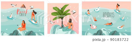 Hand drawn vector abstract stock graphic summer time cartoon, contemporary illustrations prints collection set with beach surfers group characters,flamingo floats and mermaid on color background. 90183722