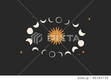Hand drawn vector abstract stock flat graphic illustration with logo element,bohemian astrology magic minimalistic art of mystic moon phases silhouettes and sun in circle,simple style for branding. 90183739