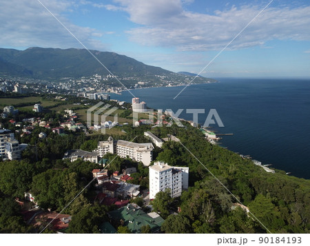 Aerial View of Livadia Palace - located on the shores of the Black Sea in the village of Livadia in the Yalta region of Crimea. Livadia Palace was a summer retreat of the last Russian tsar Nicholas II 90184193
