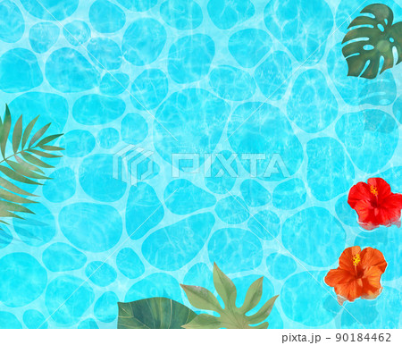 上から見た美しい海とヤシの葉と赤とオレンジ色のハイビスカスの浮かぶ夏のおしゃれフレーム背景素材 上から見た美しい海とヤシの葉と赤とオレンジ色のハイビスカスの浮かぶ夏のおしゃれフレーム背景素材 90184462