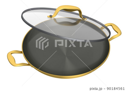Frying pan or wok with glass lid on white background, non-stick kitchen utensils 90184561