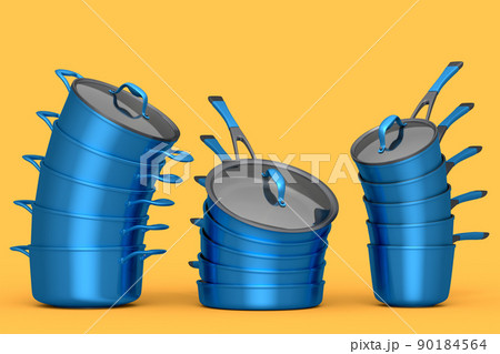 Set of stainless steel stewpot and frying pan on yellow background 90184564