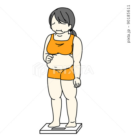 体重計に乗ってポッコリお腹を気にしている女性のイラスト のイラスト素材