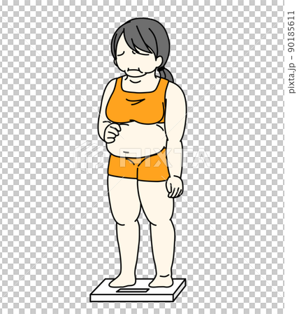 一個女人騎在秤上擔心她的胃的插圖 90185611