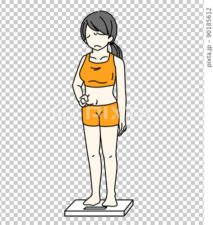 体脂肪を気にしている体重計に乗っている女性のイラスト 90185612