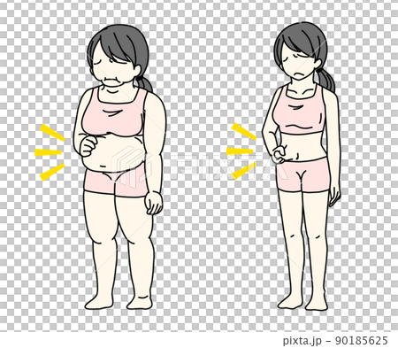 Illustration of a woman pinching a floating ring meat Hidden obesity, Pokkori stomach Illustration of a woman pinching a floating ring meat Hidden obesity, Pokkori stomach 90185625