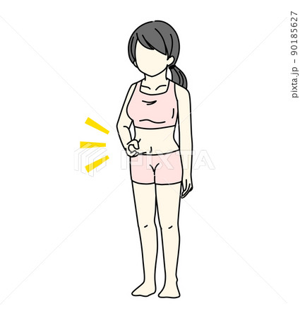 浮き輪肉を気にしてつまんでいる女性のイラスト 隠れ肥満・ポッコリお腹 浮き輪肉を気にしてつまんでいる女性のイラスト 隠れ肥満・ポッコリお腹 90185627