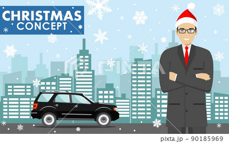 Christmas and New Year business concept. Detailed illustration of young businessman in the Santa Claus hat on background with black car and cityscape in flat style. Vector illustration. 90185969
