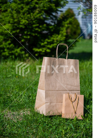 Two craft paper bags stand on a green lawn in a park. No people. Two craft paper bags stand on a green lawn in a park. No people. 90186009