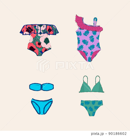 A set of swimwear for the beach. Women's clothing for the sea with a bright pattern of flowers and foliage. Collection of beachwear swimsuit, bottom, bustier, bustier. 90186602