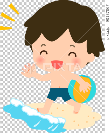 Boy with a beach ball playing on the beach 90187067