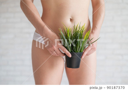 A woman in white panties holds a pot with a bushy plant on a background of light bricks. Refusal of depilation of the bikini zone. The girl grows her hair before hair removal. Hippie vegetation. A woman in white panties holds a pot with a bushy plant on a background of light bricks. Refusal of depilation of the bikini zone. The girl grows her hair before hair removal. Hippie vegetation. 90187370