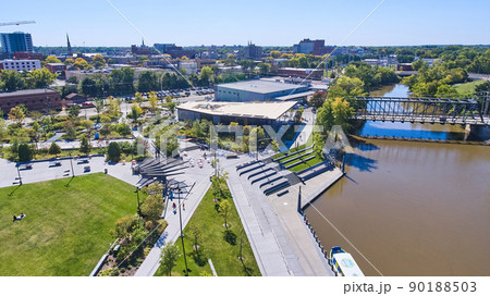 Aerial of Promenade Park in downtown Fort Wayne, Indiana 90188503