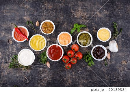 Set of different sauces. Ketchup, mustard and mayonnaise Set of different sauces. Ketchup, mustard and mayonnaise 90189384