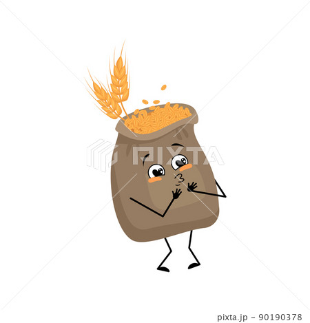 Cute sack of wheat and ear character with love emotions, smile face, arms and legs. Cereal crop with funny facial expression and pose. Vector flat illustration 90190378
