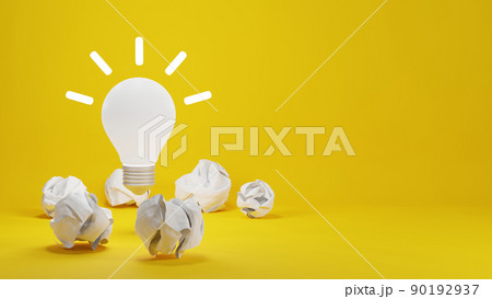 New idea concept design of lightbulb and crumpled paper on yellow background 3D render 90192937