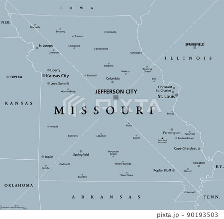 Missouri, MO, gray political map with capital Jefferson City, largest cities, lakes and rivers. State in Midwestern region of United States, nicknamed Show Me State, Cave State and Mother of the West. 90193503
