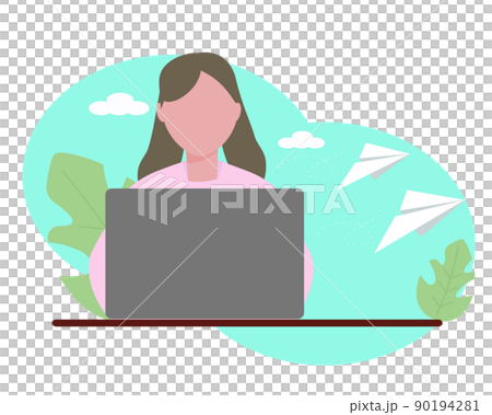 Woman sending an email on a computer Paper plane Illustration icon 90194281