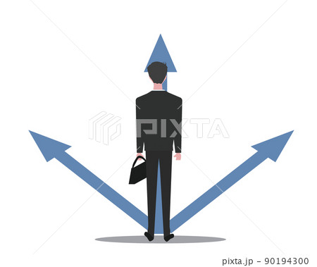 ビジネスマンの男性と矢印。人生の分岐点 道を選ぶ 悩む 決断する人物 イラスト	 90194300