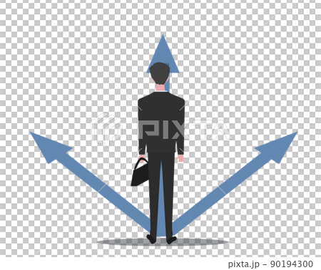 ビジネスマンの男性と矢印。人生の分岐点 道を選ぶ 悩む 決断する人物 イラスト	 90194300