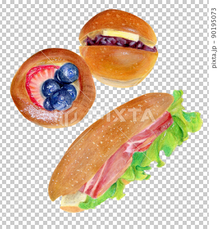 水彩で描いたブルーベリーデニッシュ、あんバターロールパン、フランスパンベーコンサンドのイラスト 水彩で描いたブルーベリーデニッシュ、あんバターロールパン、フランスパンベーコンサンドのイラスト 90195073