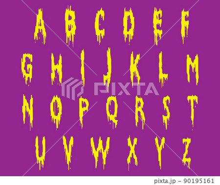 Dripping paint alphabet.Yellow letters on lilac background.Vector illustration. 90195161