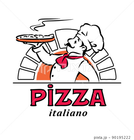 Funny chef with pizza. Emblem or logo design 90195222