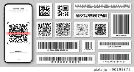 Product barcodes and QR codes. Smartphone application, scanner app. Identification tracking code. Serial number, product ID with digital information. Store, supermarket scan labels, vector price tag. 90195375