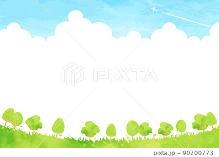 シンプルな手描きの木々と青空の風景イラスト シンプルな手描きの木々と青空の風景イラスト 90200773