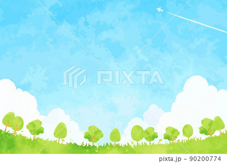 緑豊かな木々と青空の手描き背景イラスト 90200774
