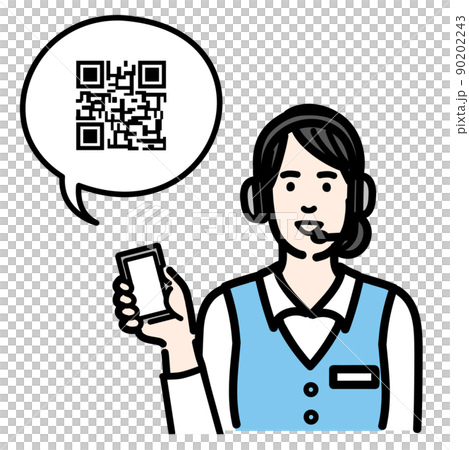 スマホを持ってQRコードの説明をしているオペレーターの若い女性 90202243