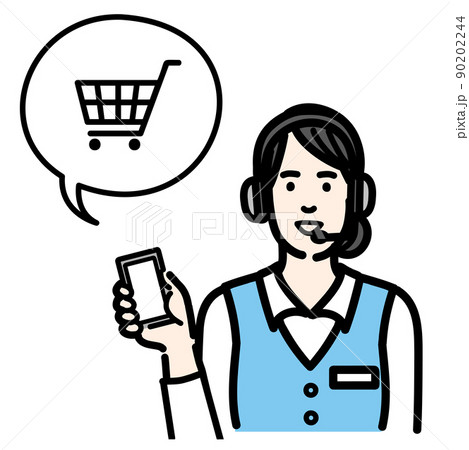 スマホを持ってオンラインショッピングの説明をしているオペレーターの若い女性 90202244