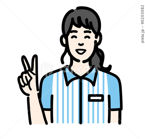 ピースサインをして笑顔のコンビニ店員の若い女性 90203082