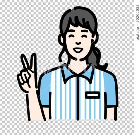 ピースサインをして笑顔のコンビニ店員の若い女性 90203082