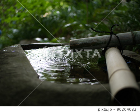 阿弥陀寺の竹の手水舎と流れる水 阿弥陀寺の竹の手水舎と流れる水 90204032