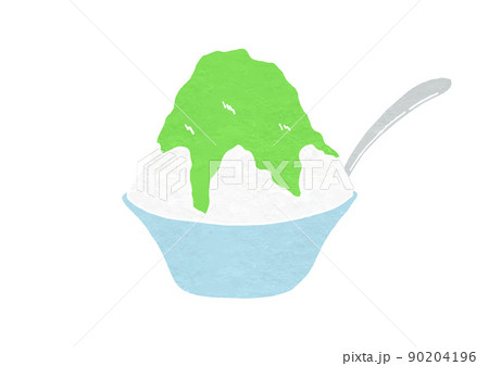 スプーン入りの器に入ったメロン味かき氷のイラスト(版画風) スプーン入りの器に入ったメロン味かき氷のイラスト(版画風) 90204196
