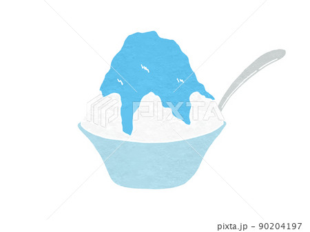 スプーン入りの器に入ったブルーハワイ味かき氷のイラスト(版画風) スプーン入りの器に入ったブルーハワイ味かき氷のイラスト(版画風) 90204197