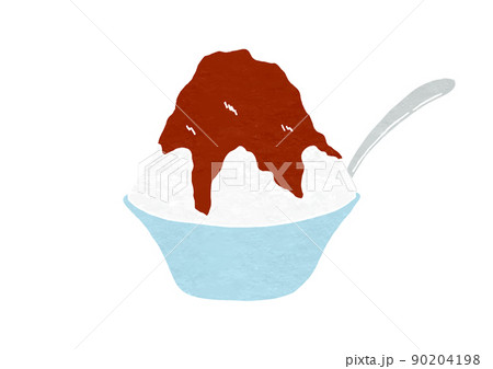 スプーン入りの器に入ったコーラ味かき氷のイラスト(版画風) スプーン入りの器に入ったコーラ味かき氷のイラスト(版画風) 90204198