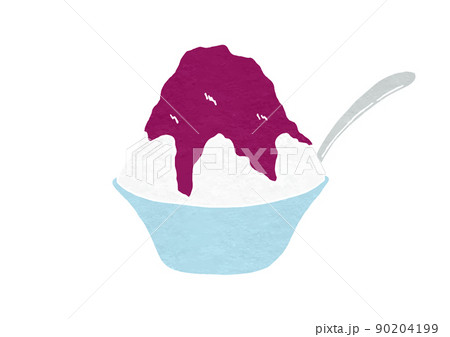 スプーン入りの器に入ったグレープ味かき氷のイラスト（版画風） 90204199