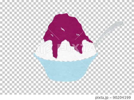 スプーン入りの器に入ったグレープ味かき氷のイラスト（版画風） 90204199