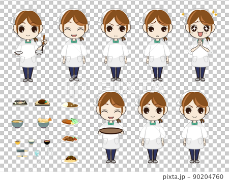 Illustration set of a woman serving a cafeteria or a food shop 90204760