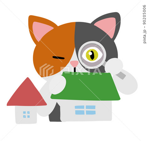 猫が虫眼鏡で家の中の問題点を観察しているポップなフラットイラスト 猫が虫眼鏡で家の中の問題点を観察しているポップなフラットイラスト 90205006