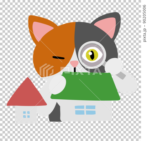 猫が虫眼鏡で家の中の問題点を観察しているポップなフラットイラスト 猫が虫眼鏡で家の中の問題点を観察しているポップなフラットイラスト 90205006