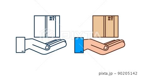 Carton parcel open box in hands. Shipping delivery symbol. Gift box icon. Vector stock illustration. 90205142