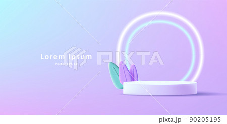 3d render illustration of cylinder pedestal with plastic leaves and neon circle lights 3d render illustration of cylinder pedestal with plastic leaves and neon circle lights 90205195